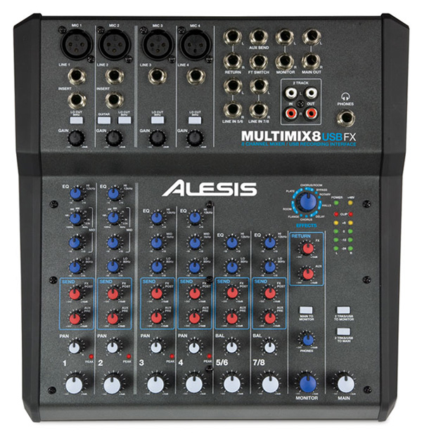 Face supérieure ALESIS MULTIMIX 8 USB FX console 8 voies