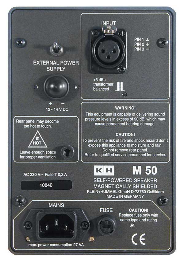 Face arrière KLEIN+HUMMEL M50 14W sur batterie avec connectique et alimentation
