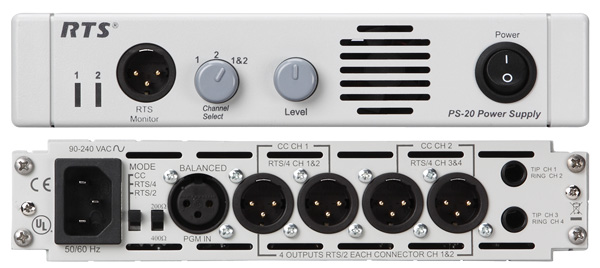 Faces avant et arrière RTS PS-20 alimentation intercom